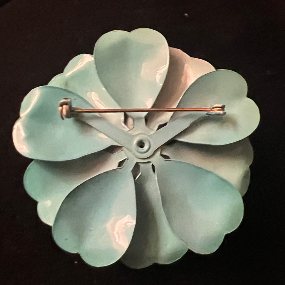 Vintage 1960’s Enamel Turquoise Blue and White Polka Dot Flower Brooch/Pin 2.5” - Picture 3 of 5